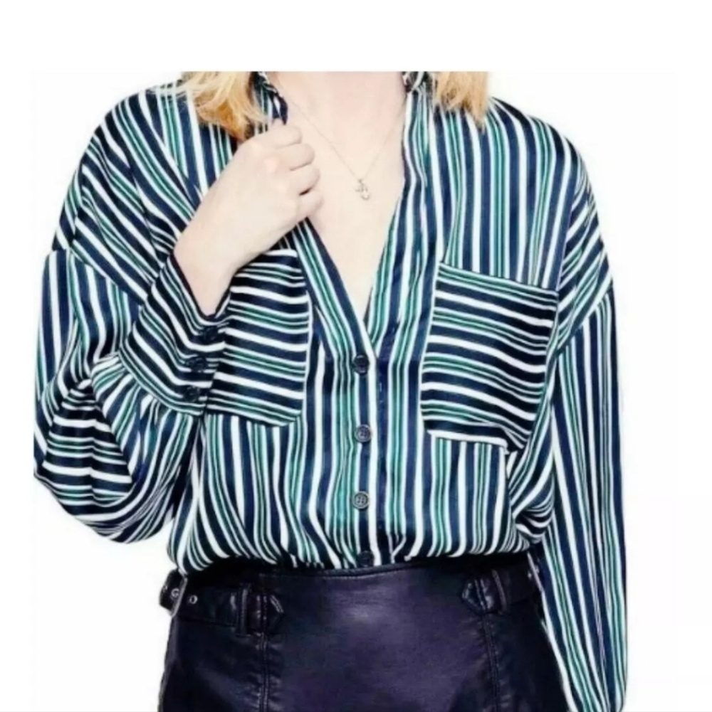 Free People Mad About You Button Down Shirt Top Navy Green Striped Size M